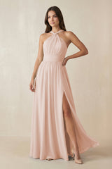 Halter Neck Ruched A-Line Chiffon Dress in Pale Blush - KissProm BRIDESMAID DRESSES