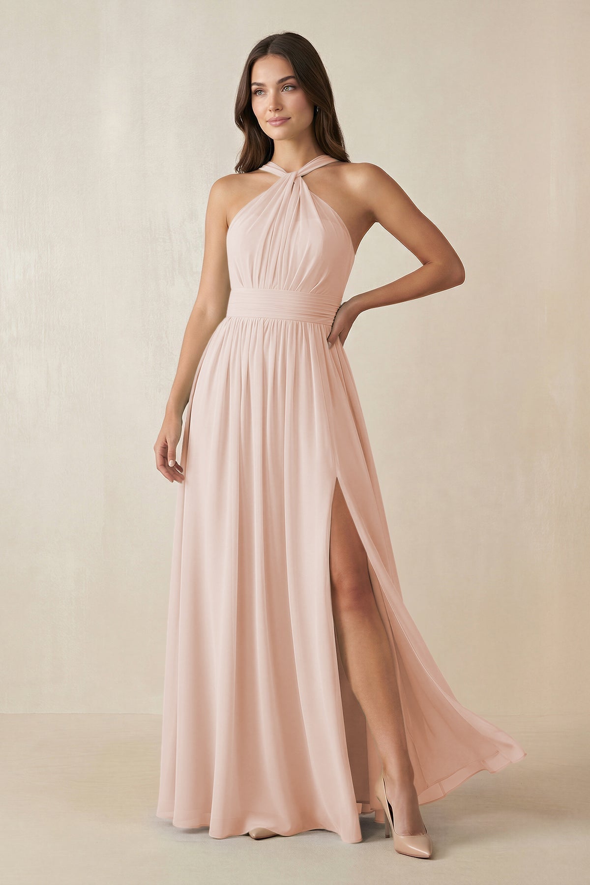 KissProm Halter Neck Ruched A-Line Chiffon Bridesmaid Dress in Pale Blush, Pale Blush / 2