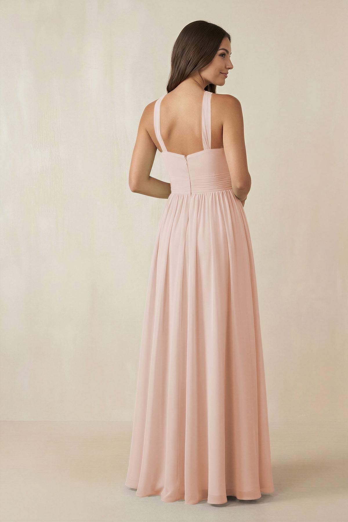 KissProm Halter Neck Ruched A-Line Chiffon Bridesmaid Dress in Pale Blush, Pale Blush / 2