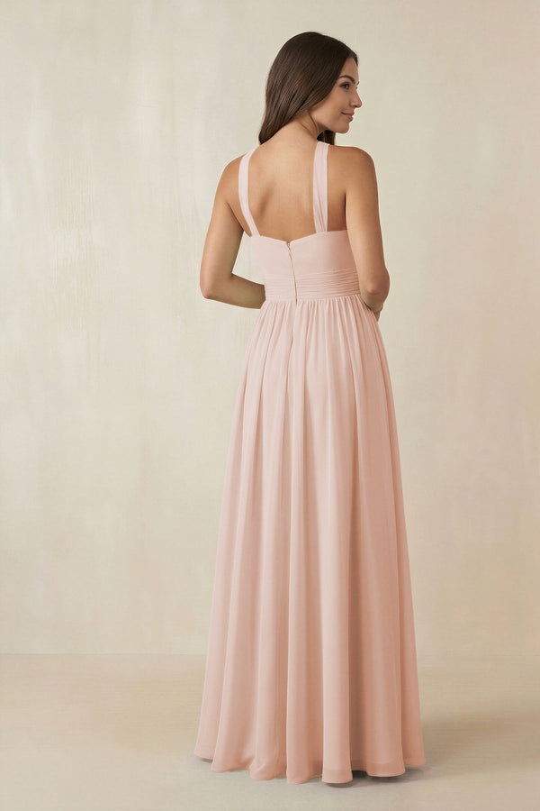 Halter Neck Ruched A-Line Chiffon Dress in Pale Blush - KissProm BRIDESMAID DRESSES