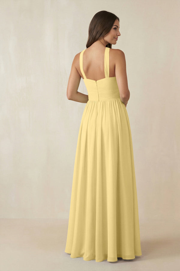 Halter Neck Ruched A-Line Chiffon Dress in Pastel Yellow - KissProm BRIDESMAID DRESSES