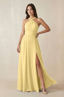 Halter Neck Ruched A-Line Chiffon Dress in Pastel Yellow - KissProm BRIDESMAID DRESSES