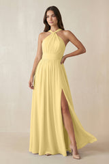 Halter Neck Ruched A-Line Chiffon Dress in Pastel Yellow - KissProm BRIDESMAID DRESSES