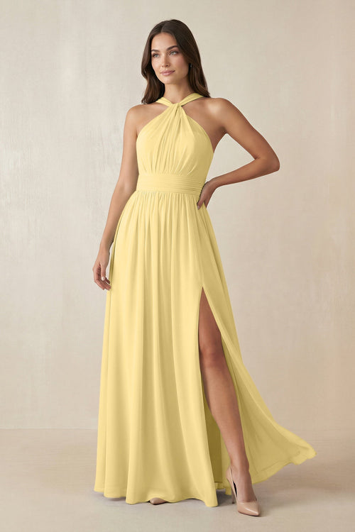 Halter Neck Ruched A-Line Chiffon Dress in Pastel Yellow - KissProm BRIDESMAID DRESSES