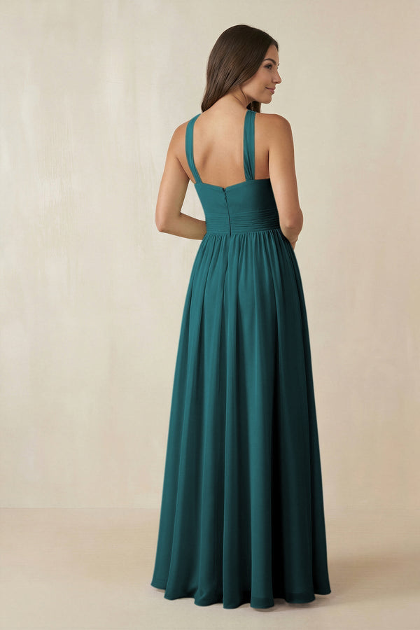Halter Neck Ruched A-Line Chiffon Dress in Pine - KissProm BRIDESMAID DRESSES