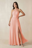 Halter Neck Ruched A-Line Chiffon Dress in Rose Petal - KissProm BRIDESMAID DRESSES