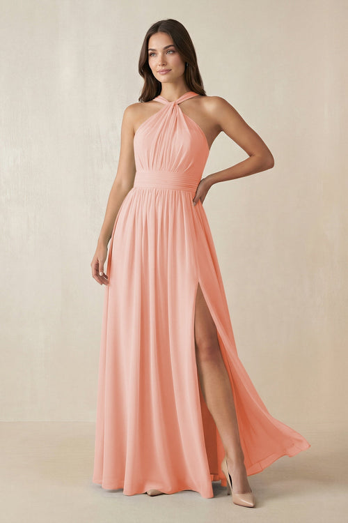 Halter Neck Ruched A-Line Chiffon Dress in Rose Petal - KissProm BRIDESMAID DRESSES