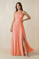 Halter Neck Ruched A-Line Chiffon Dress in Rosette - KissProm BRIDESMAID DRESSES