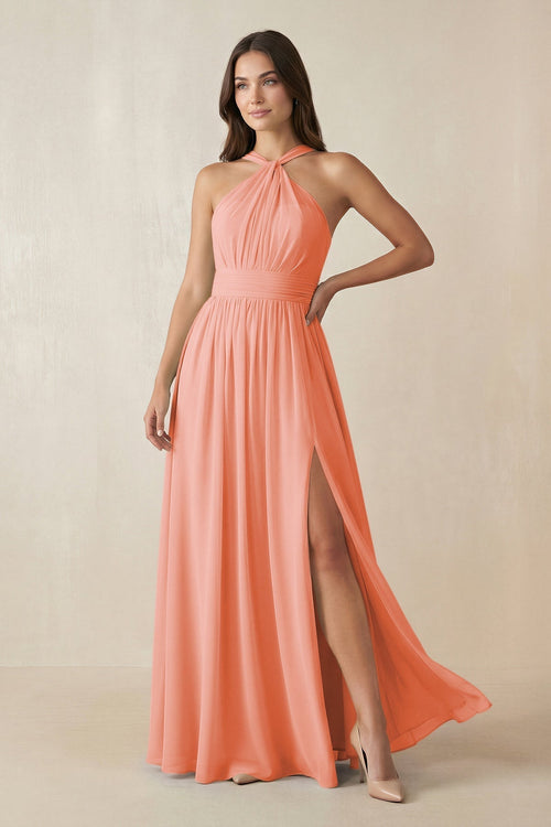 Halter Neck Ruched A-Line Chiffon Dress in Rosette - KissProm BRIDESMAID DRESSES