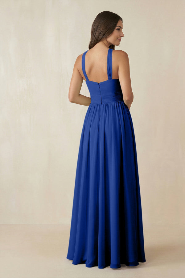 Halter Neck Ruched A-Line Chiffon Dress in Royal Blue - KissProm BRIDESMAID DRESSES