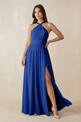 Halter Neck Ruched A-Line Chiffon Dress in Royal Blue - KissProm BRIDESMAID DRESSES