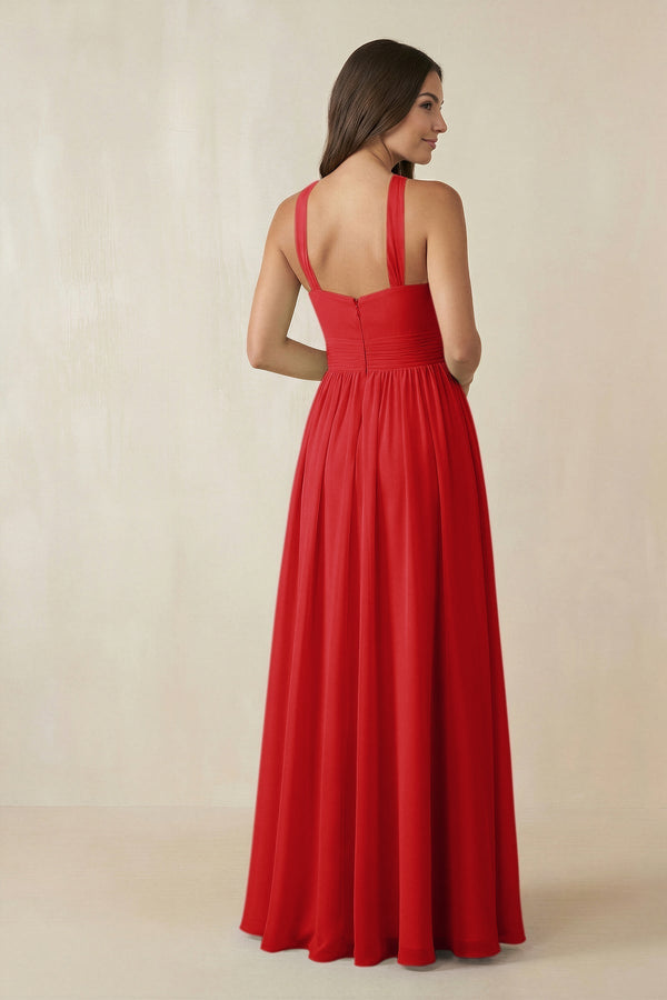 Halter Neck Ruched A-Line Chiffon Dress in Ruby Red - KissProm BRIDESMAID DRESSES