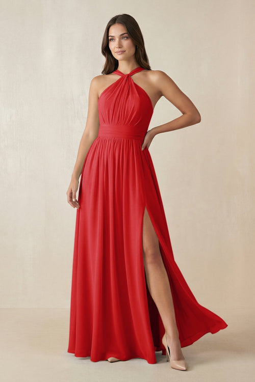 Halter Neck Ruched A-Line Chiffon Dress in Ruby Red - KissProm BRIDESMAID DRESSES