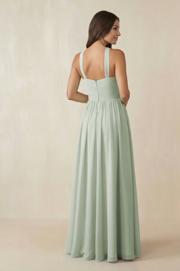Halter Neck Ruched A-Line Chiffon Dress in Sage - KissProm BRIDESMAID DRESSES