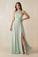 Halter Neck Ruched A-Line Chiffon Dress in Sage - KissProm BRIDESMAID DRESSES