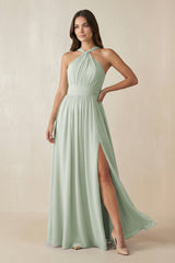Halter Neck Ruched A-Line Chiffon Dress in Sage - KissProm BRIDESMAID DRESSES