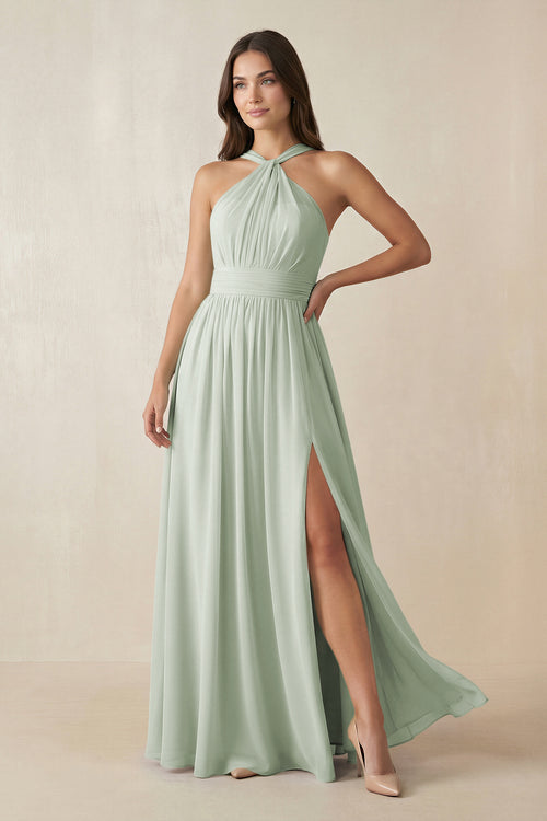 Halter Neck Ruched A-Line Chiffon Dress in Sage - KissProm BRIDESMAID DRESSES
