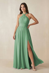 Halter Neck Ruched A-Line Chiffon Dress in Sea Glass - KissProm BRIDESMAID DRESSES