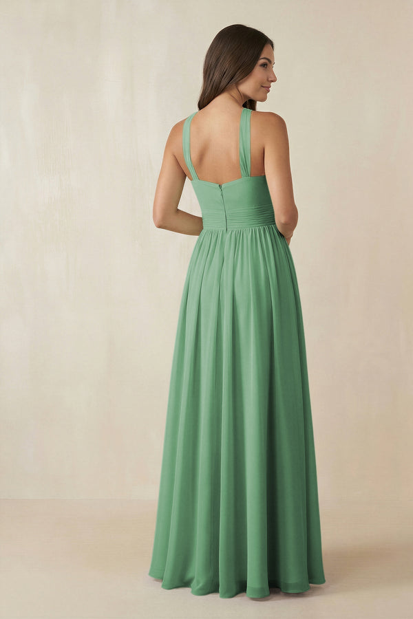 Halter Neck Ruched A-Line Chiffon Dress in Sea Glass - KissProm BRIDESMAID DRESSES