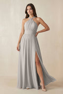 Halter Neck Ruched A-Line Chiffon Dress in Silver - KissProm BRIDESMAID DRESSES