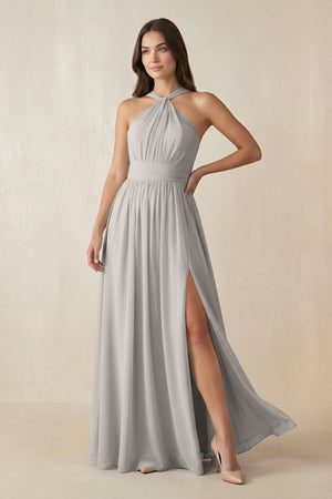 Halter Neck Ruched A-Line Chiffon Dress in Silver - KissProm BRIDESMAID DRESSES