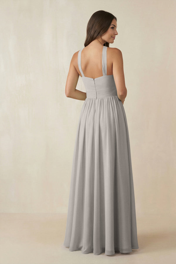 Halter Neck Ruched A-Line Chiffon Dress in Silver - KissProm BRIDESMAID DRESSES