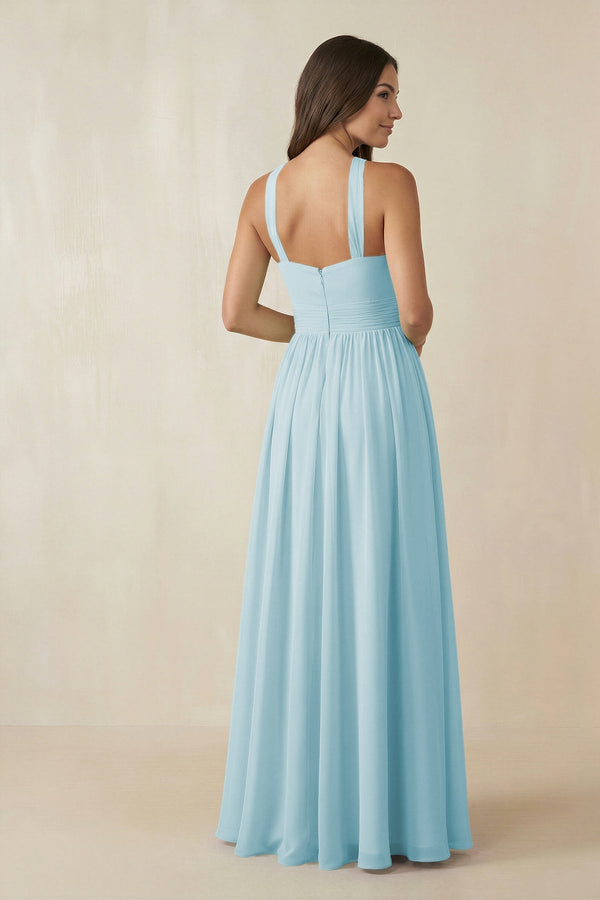 Halter Neck Ruched A-Line Chiffon Dress in Sky Blue - KissProm BRIDESMAID DRESSES