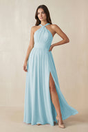 Halter Neck Ruched A-Line Chiffon Dress in Sky Blue - KissProm BRIDESMAID DRESSES