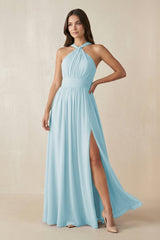Halter Neck Ruched A-Line Chiffon Dress in Sky Blue - KissProm BRIDESMAID DRESSES