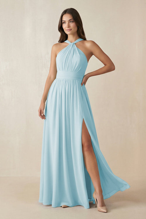 Halter Neck Ruched A-Line Chiffon Dress in Sky Blue - KissProm BRIDESMAID DRESSES
