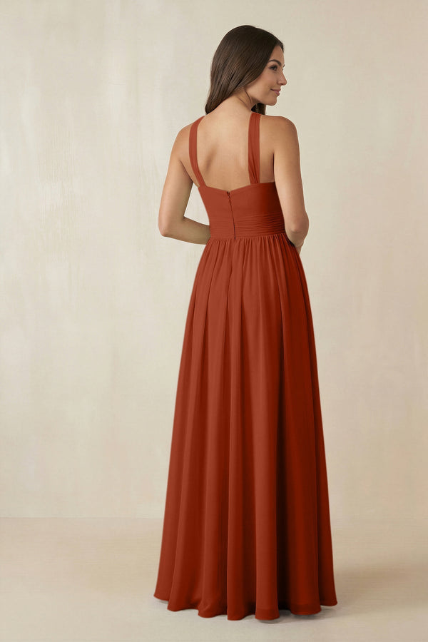 Halter Neck Ruched A-Line Chiffon Dress in Spice - KissProm BRIDESMAID DRESSES