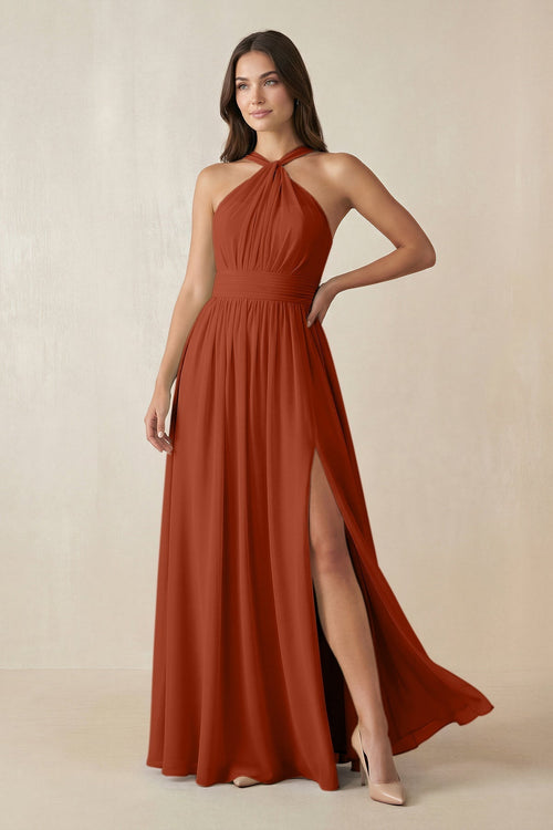 Halter Neck Ruched A-Line Chiffon Dress in Spice - KissProm BRIDESMAID DRESSES