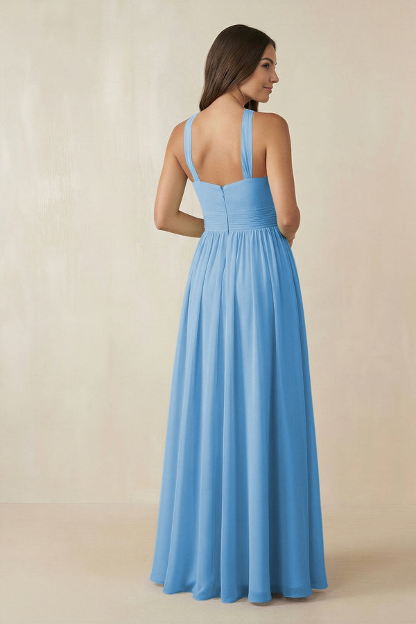 Halter Neck Ruched A-Line Chiffon Dress in Steel Blue - KissProm BRIDESMAID DRESSES