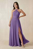 Halter Neck Ruched A-Line Chiffon Dress in Tahiti - KissProm BRIDESMAID DRESSES