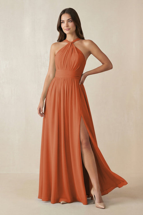 Halter Neck Ruched A-Line Chiffon Dress in Terracotta - KissProm BRIDESMAID DRESSES