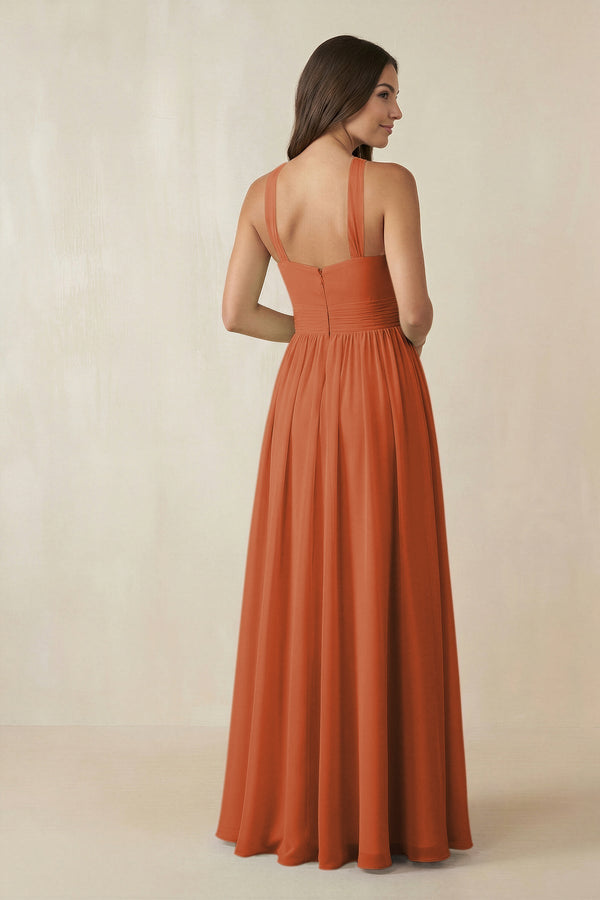 Halter Neck Ruched A-Line Chiffon Dress in Terracotta - KissProm BRIDESMAID DRESSES