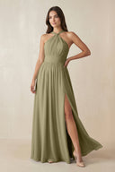 Halter Neck Ruched A-Line Chiffon Dress in Thyme - KissProm BRIDESMAID DRESSES