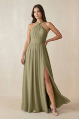 Halter Neck Ruched A-Line Chiffon Dress in Thyme - KissProm BRIDESMAID DRESSES