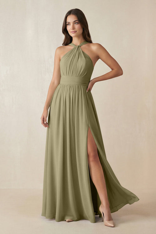 Halter Neck Ruched A-Line Chiffon Dress in Thyme - KissProm BRIDESMAID DRESSES