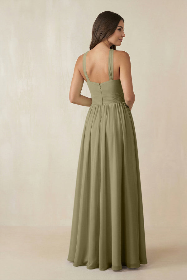 Halter Neck Ruched A-Line Chiffon Dress in Thyme - KissProm BRIDESMAID DRESSES