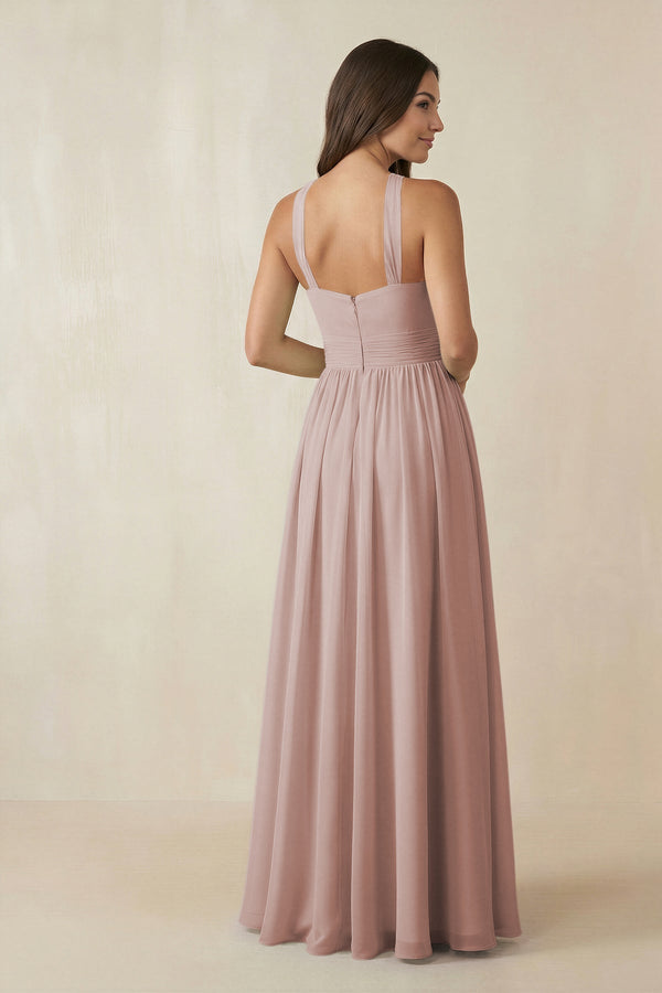 Halter Neck Ruched A-Line Chiffon Dress in Toffee - KissProm BRIDESMAID DRESSES