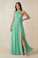 Halter Neck Ruched A-Line Chiffon Dress in Turquoise - KissProm BRIDESMAID DRESSES