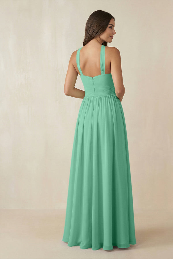 Halter Neck Ruched A-Line Chiffon Dress in Turquoise - KissProm BRIDESMAID DRESSES