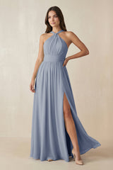 Halter Neck Ruched A-Line Chiffon Dress in Twilight - KissProm BRIDESMAID DRESSES
