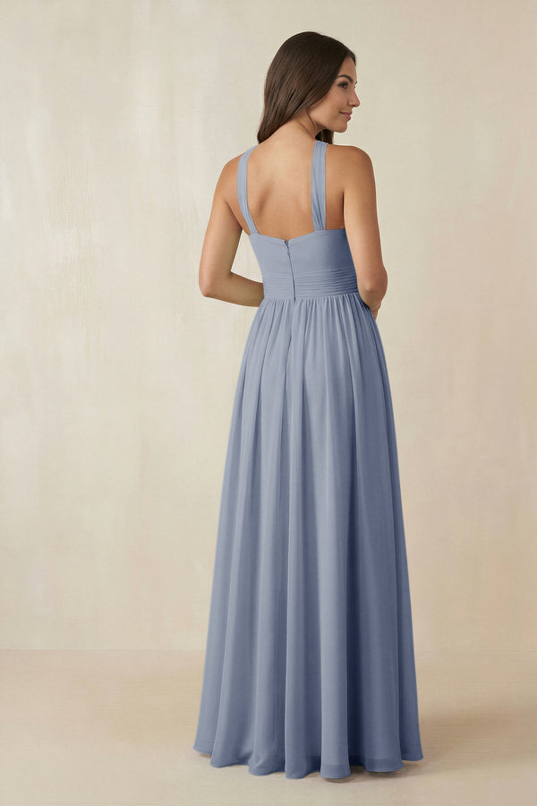 Halter Neck Ruched A-Line Chiffon Dress in Twilight - KissProm BRIDESMAID DRESSES