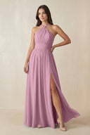 Halter Neck Ruched A-Line Chiffon Dress in Vintage Mauve - KissProm BRIDESMAID DRESSES