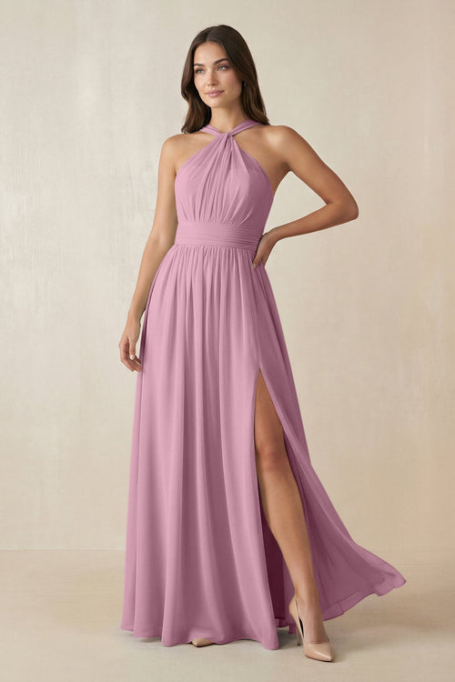 Halter Neck Ruched A-Line Chiffon Dress in Vintage Mauve - KissProm BRIDESMAID DRESSES