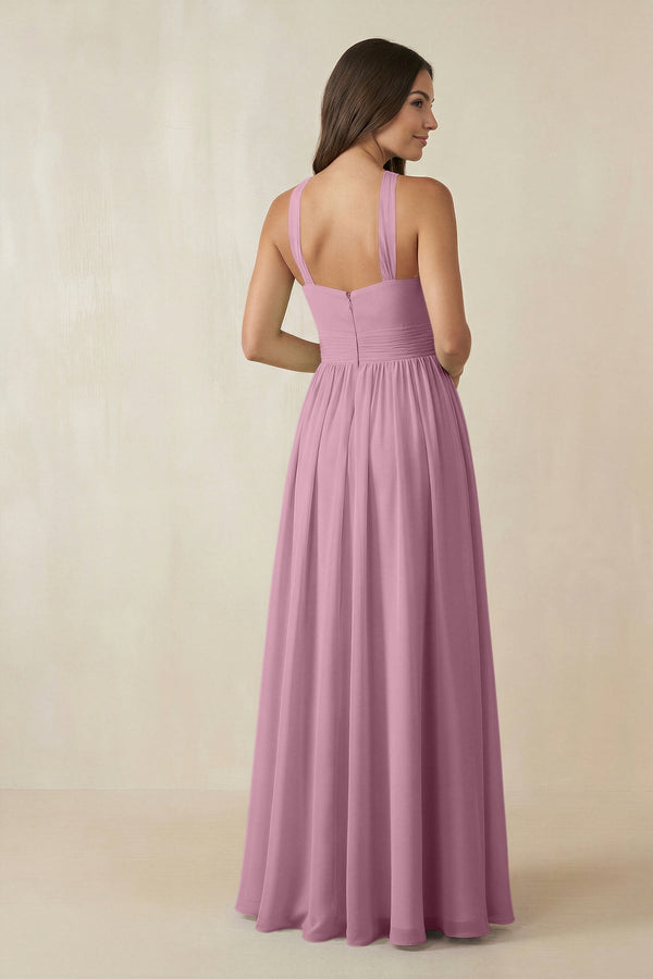 Halter Neck Ruched A-Line Chiffon Dress in Vintage Mauve - KissProm BRIDESMAID DRESSES