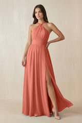 Halter Neck Ruched A-Line Chiffon Dress in Wild Rose - KissProm BRIDESMAID DRESSES