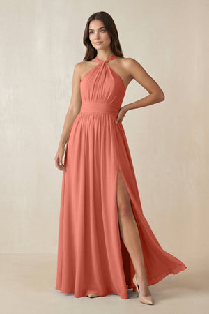 Halter Neck Ruched A-Line Chiffon Dress in Wild Rose - KissProm BRIDESMAID DRESSES